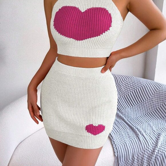 White Casual Womens Heart Pattern Crop Knit Top & Knit Skirt - Picture 3 of 5